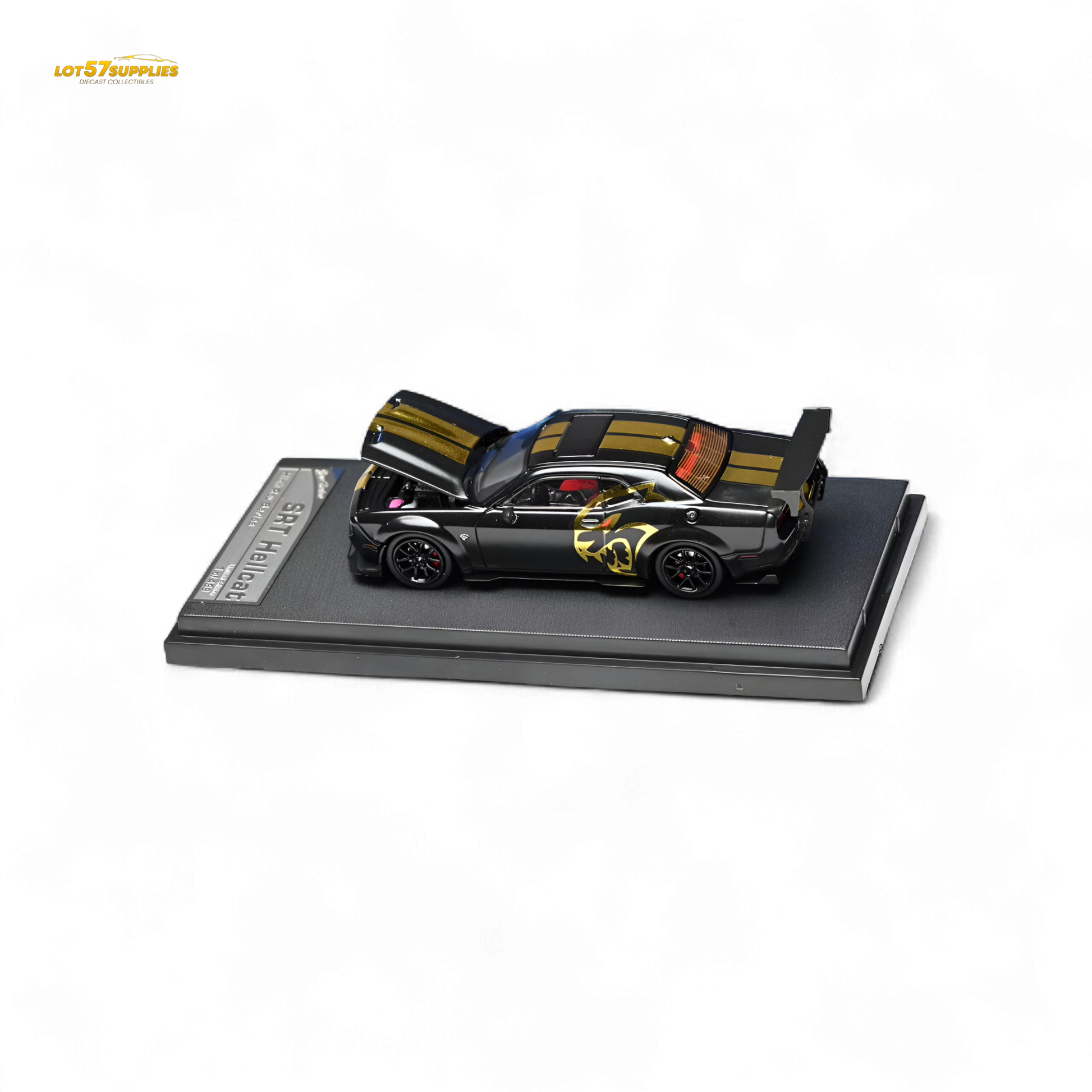 Dodge Stance Hunters Challenger SRT Hellcat diecast model in 1:64 scale, with detailed design and vibrant paint.