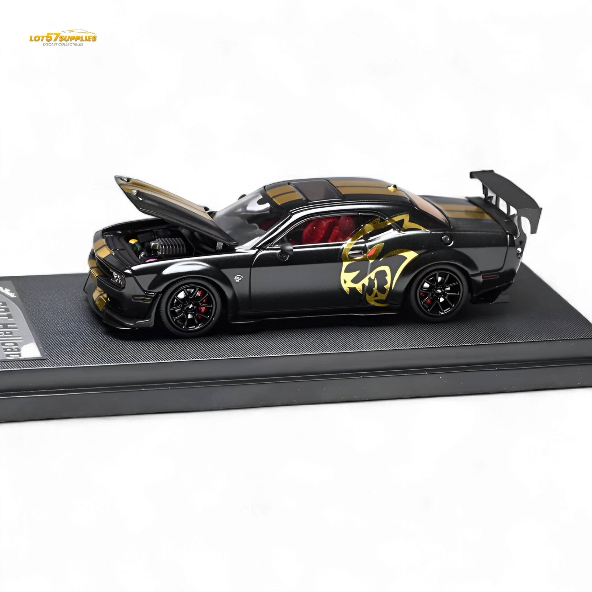 Dodge Stance Hunters Challenger SRT Hellcat 1:64 diecast model in black with detailed features displayed on a white background