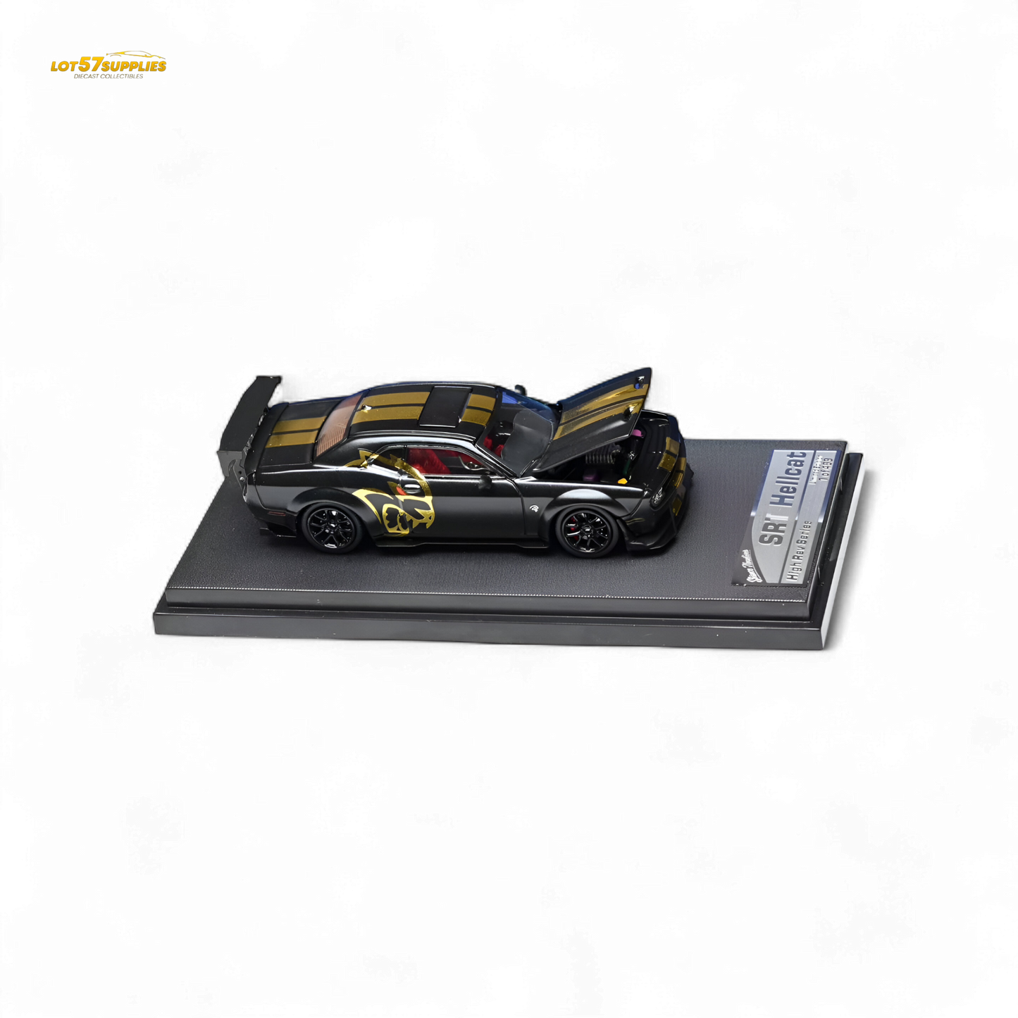 Dodge Stance Hunters Challenger SRT Hellcat diecast model in 1:64 scale, detailed black and red design, collectible toy by Lot57Supplies.