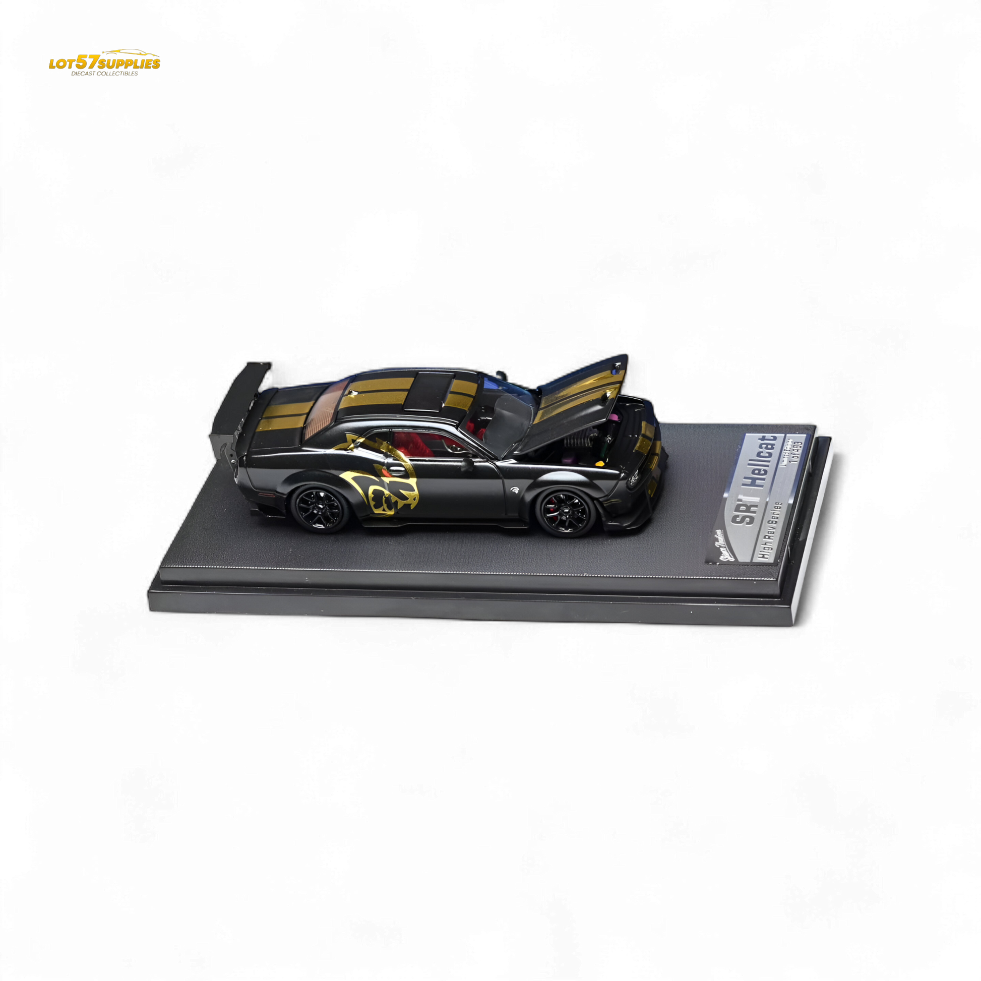 Dodge Stance Hunters Challenger SRT Hellcat diecast model in 1:64 scale, detailed black and red design, collectible toy by Lot57Supplies.