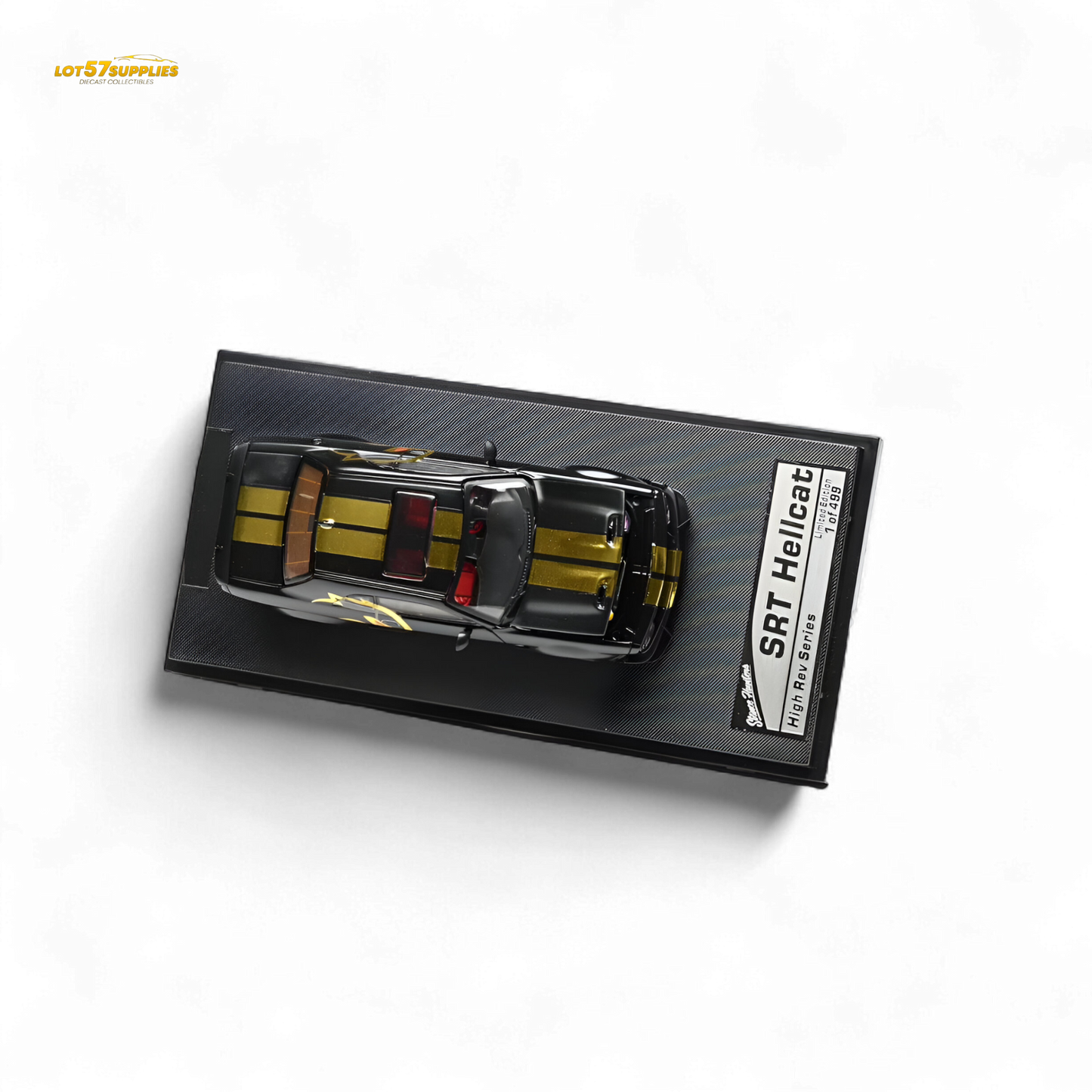 Pre-order Dodge Stance Hunters Challenger SRT Hellcat 1:64 diecast model, detailed miniature car in black with red accents.