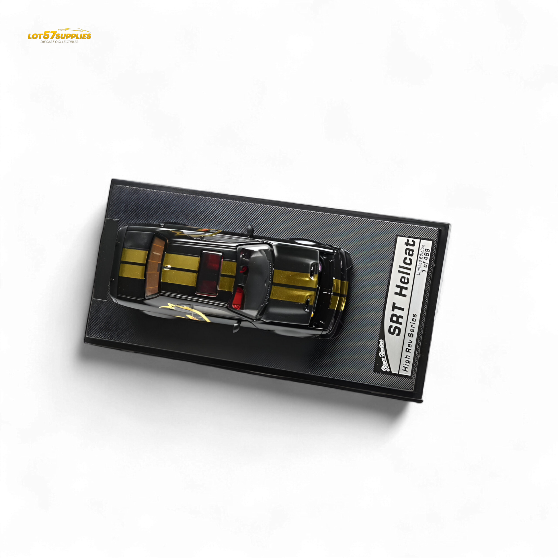 Pre-order Dodge Stance Hunters Challenger SRT Hellcat 1:64 diecast model, detailed miniature car in black with red accents.