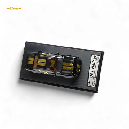 Pre-order Dodge Stance Hunters Challenger SRT Hellcat 1:64 diecast model, detailed miniature car in black with red accents.