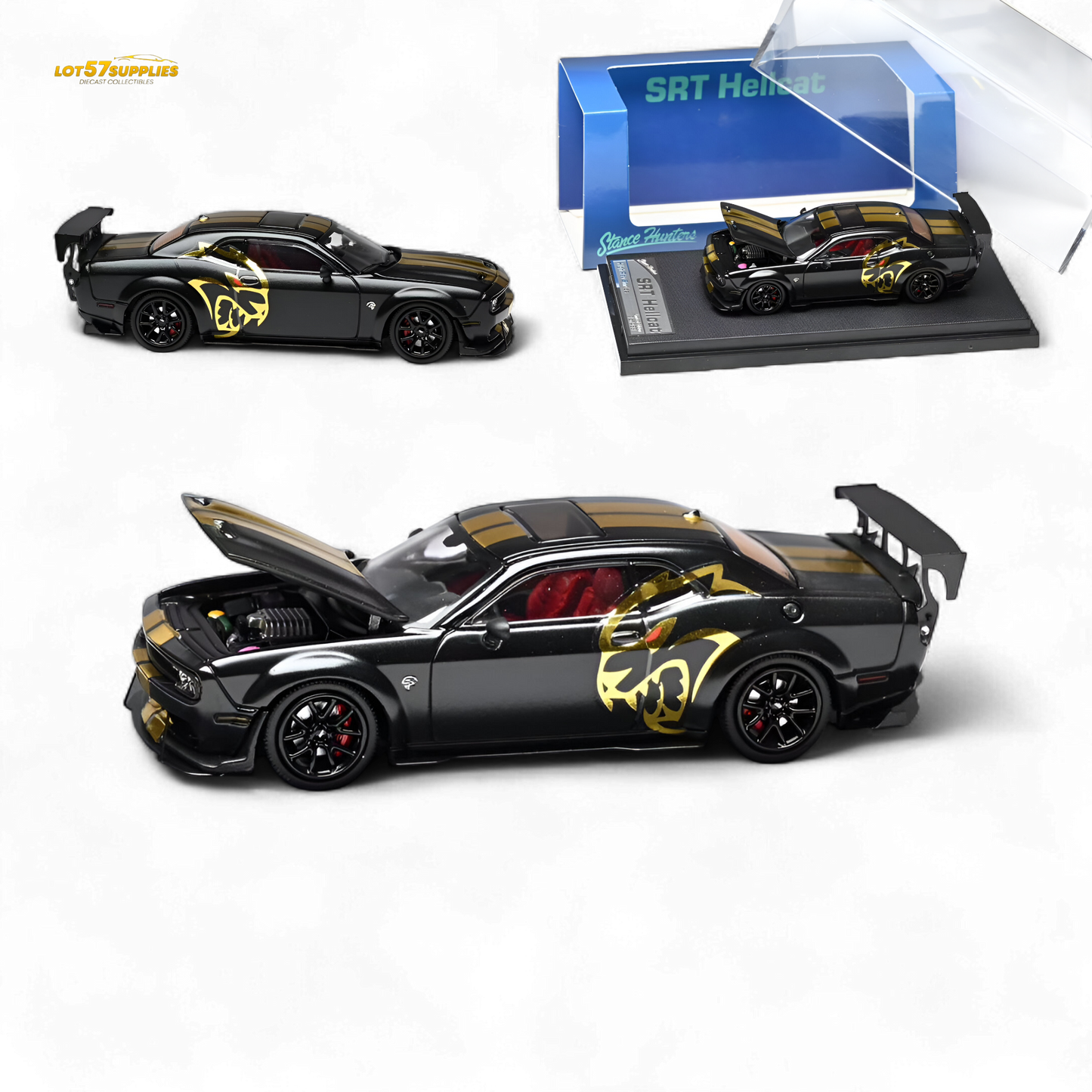 Dodge Stance Hunters Challenger SRT Hellcat diecast model in 1:64 scale, featuring detailed design and realistic features.