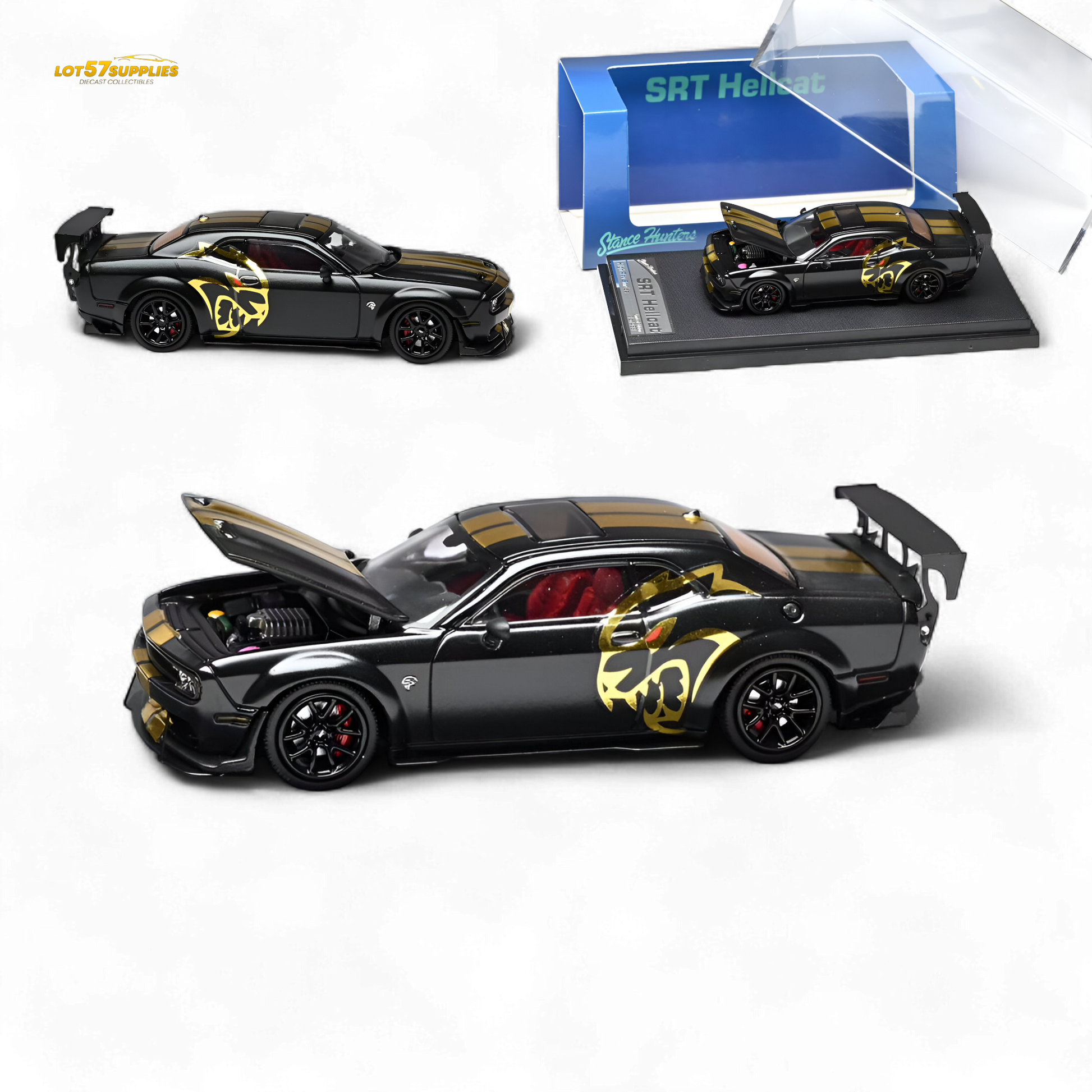 Dodge Stance Hunters Challenger SRT Hellcat diecast model in 1:64 scale, featuring detailed design and realistic features.