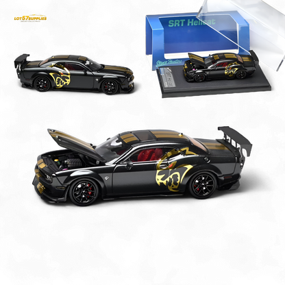 Dodge Stance Hunters Challenger SRT Hellcat diecast model in 1:64 scale, featuring detailed design and realistic features.