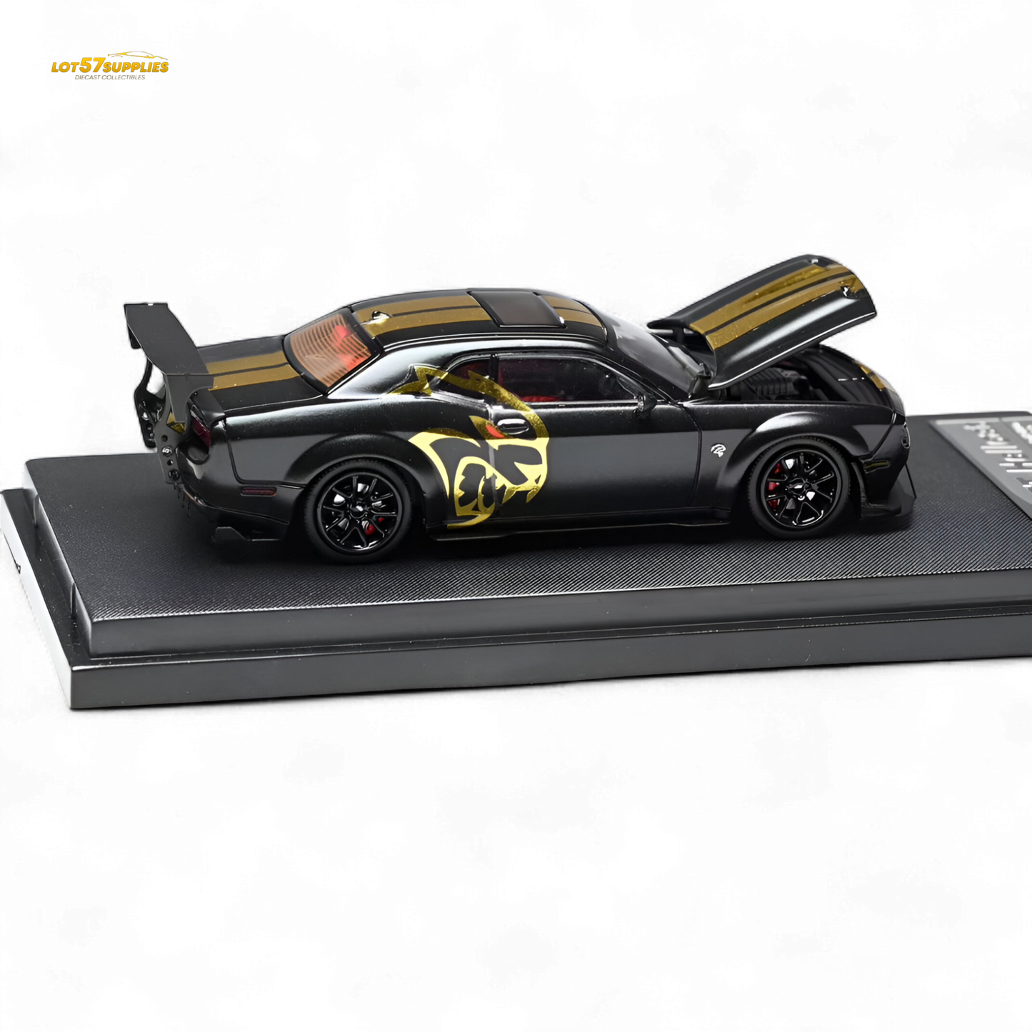 Dodge Stance Hunters Challenger SRT Hellcat diecast model in 1:64 scale, detailed black and red design, collectible toy car.