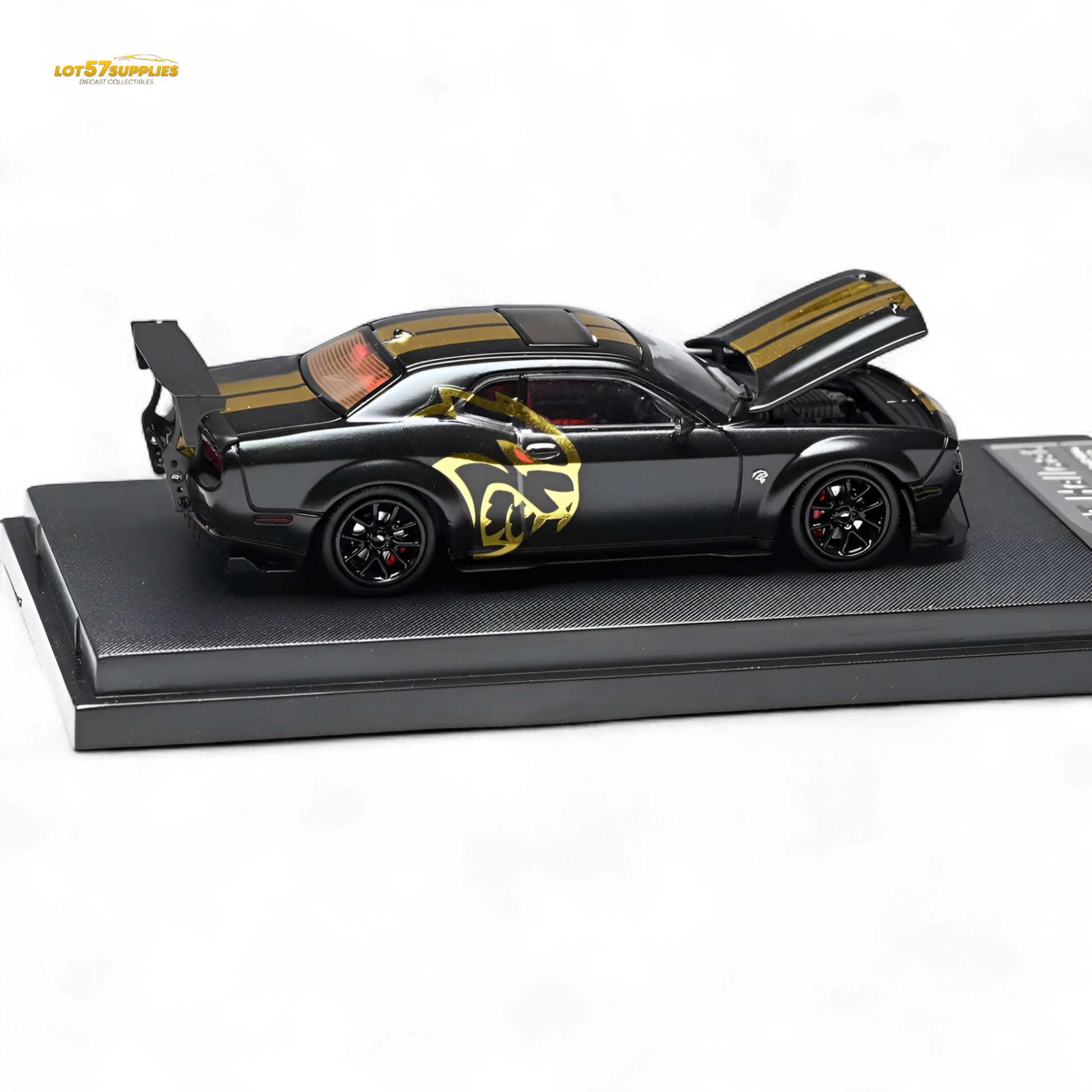 Dodge Stance Hunters Challenger SRT Hellcat diecast model in 1:64 scale, detailed black and red design, collectible toy car.
