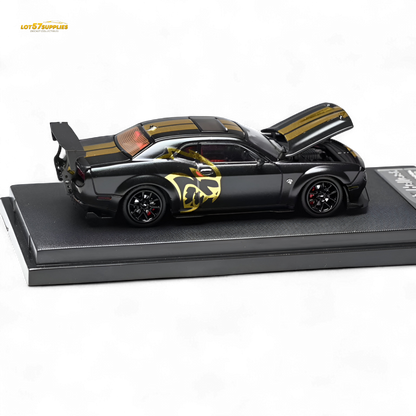 Dodge Stance Hunters Challenger SRT Hellcat diecast model in 1:64 scale, detailed black and red design, collectible toy car.