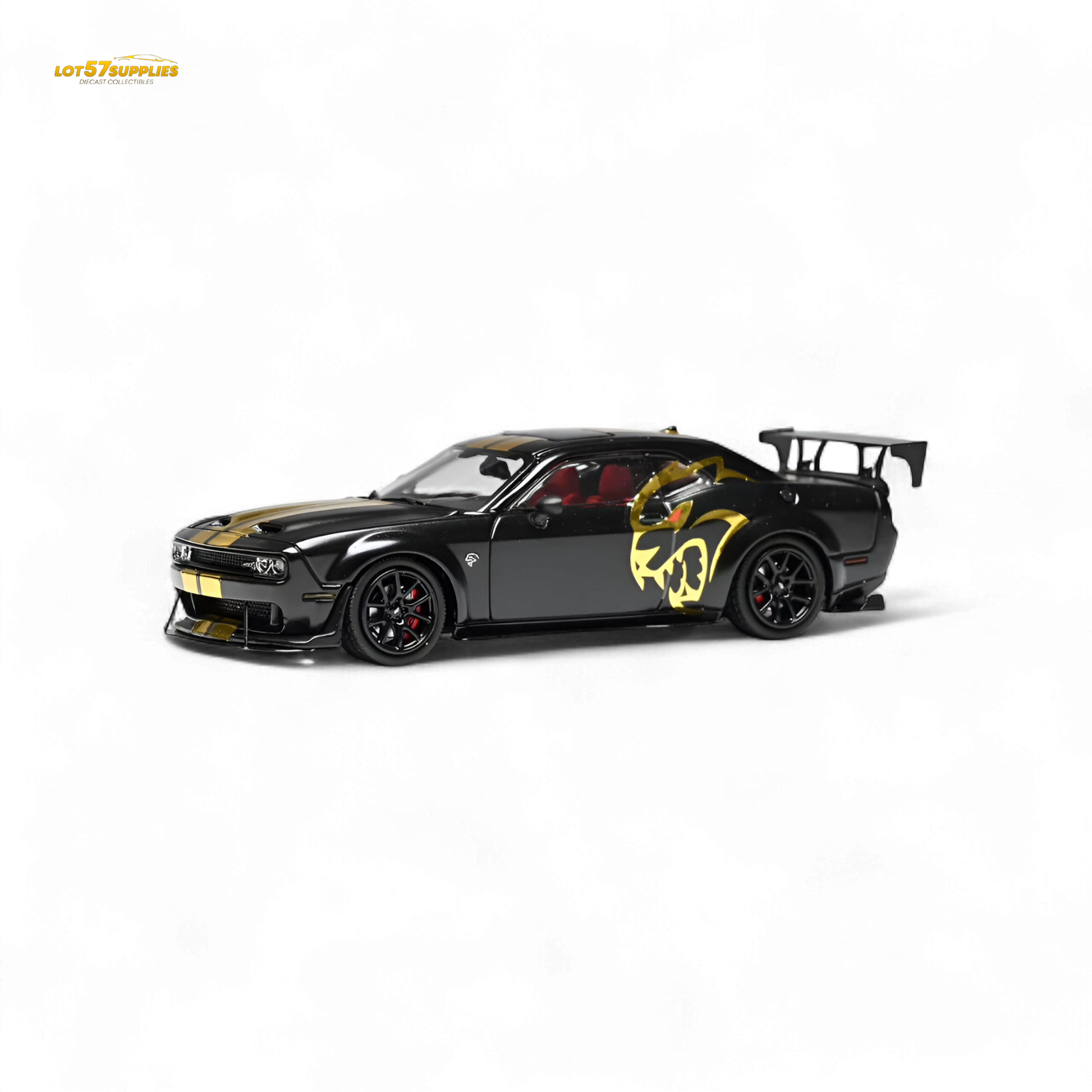 Dodge Stance Hunters Challenger SRT Hellcat diecast car in 1:64 scale, featuring detailed black and red design.