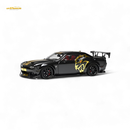 Dodge Stance Hunters Challenger SRT Hellcat diecast car in 1:64 scale, featuring detailed black and red design.