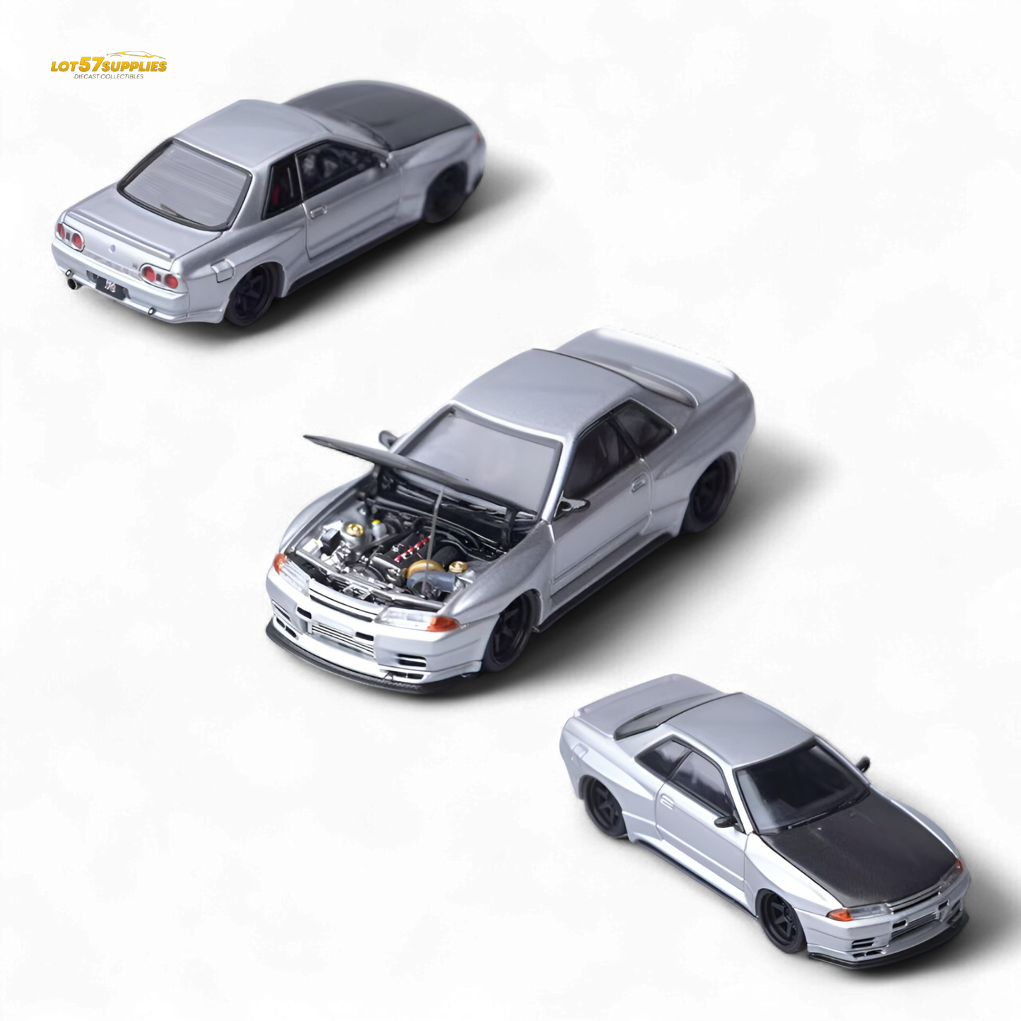 Silver Nissan Skyline GT-R R32 diecast model by Lot57Supplies, detailed 1:64 scale Focal Horizon Horizon Skyline GT-R R32.