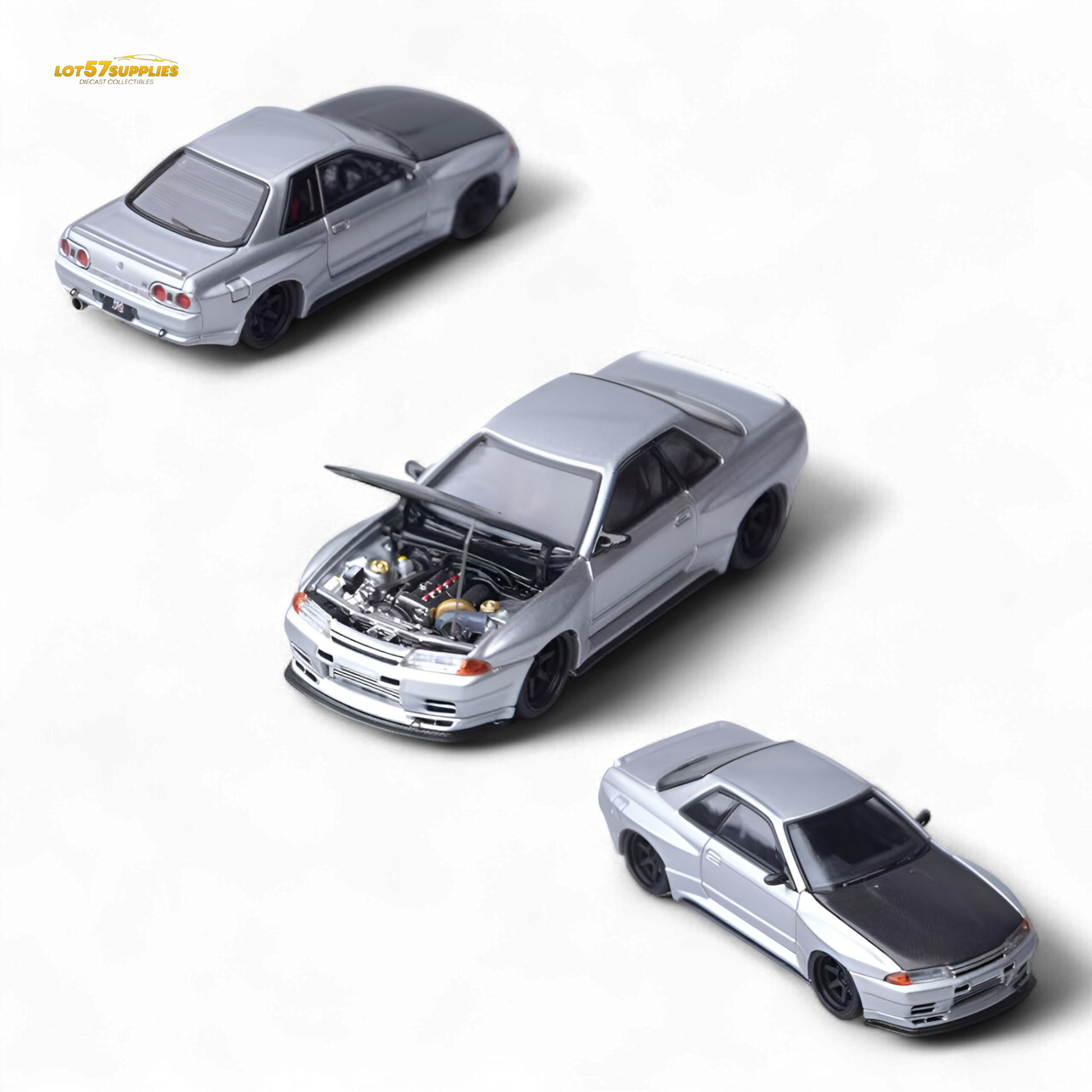 Silver Nissan Skyline GT-R R32 diecast model by Lot57Supplies, detailed 1:64 scale Focal Horizon Horizon Skyline GT-R R32.