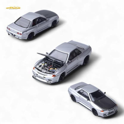 Silver Nissan Skyline GT-R R32 diecast model by Lot57Supplies, detailed 1:64 scale Focal Horizon Horizon Skyline GT-R R32.