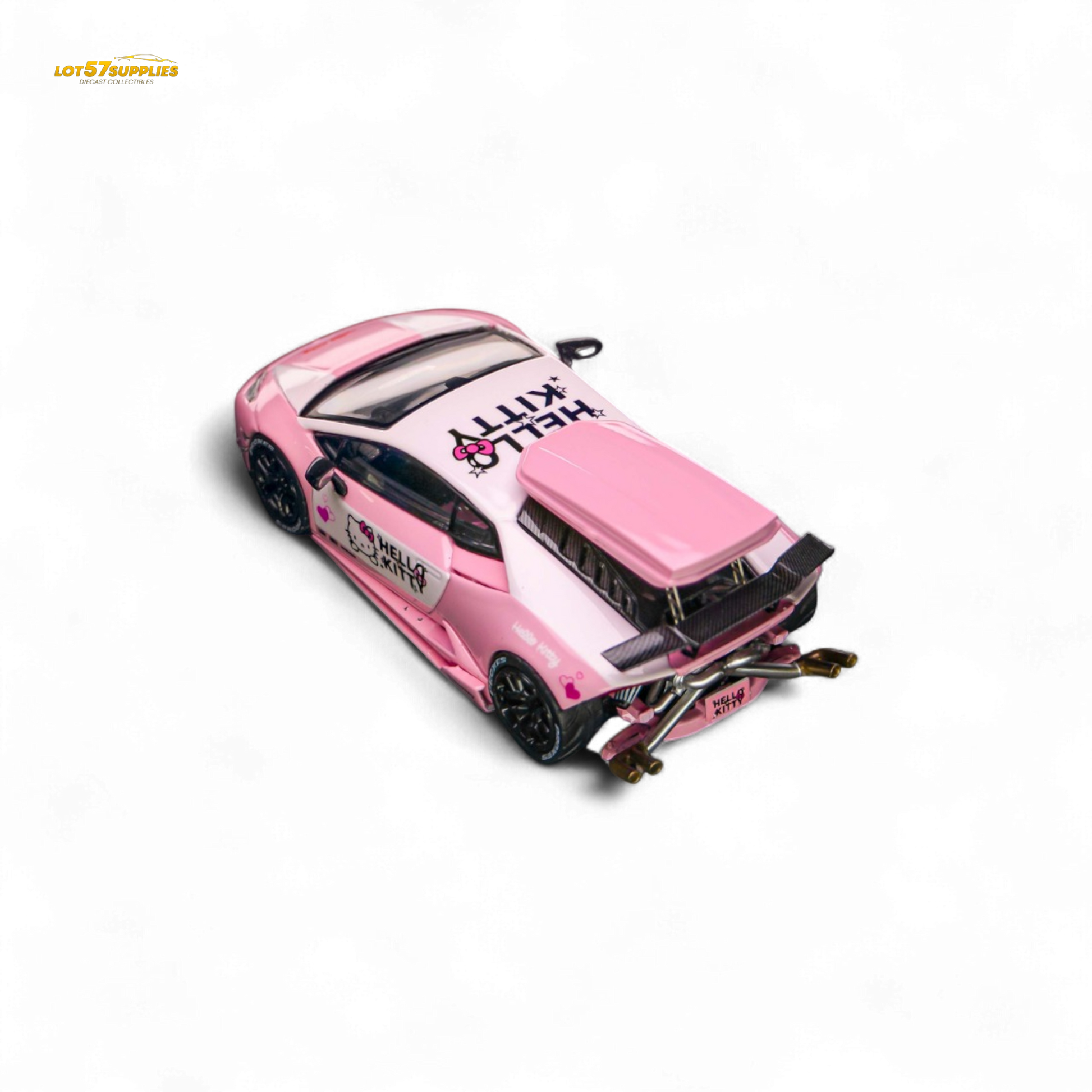 Lamborghini TPC LP610 Modified Hello Kitty 1:64 diecast model in pink with Hello Kitty design, detailed miniature toy car.