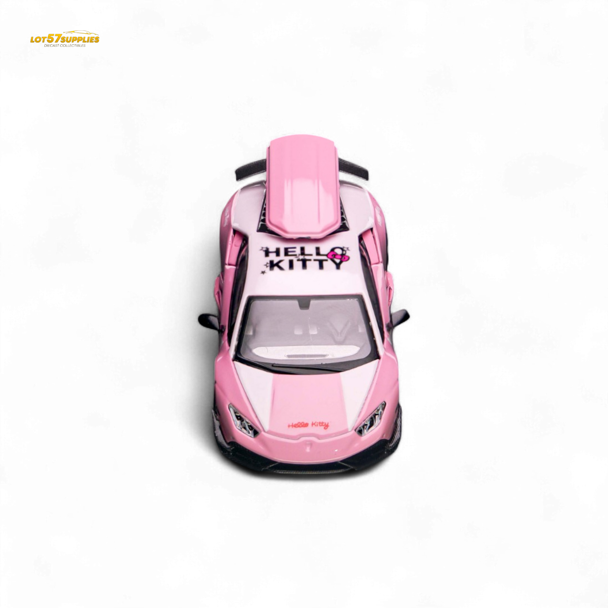 Diecast Lamborghini TPC LP610 Modified Hello Kitty 1:64 scale model in bright pink with Hello Kitty design details.
