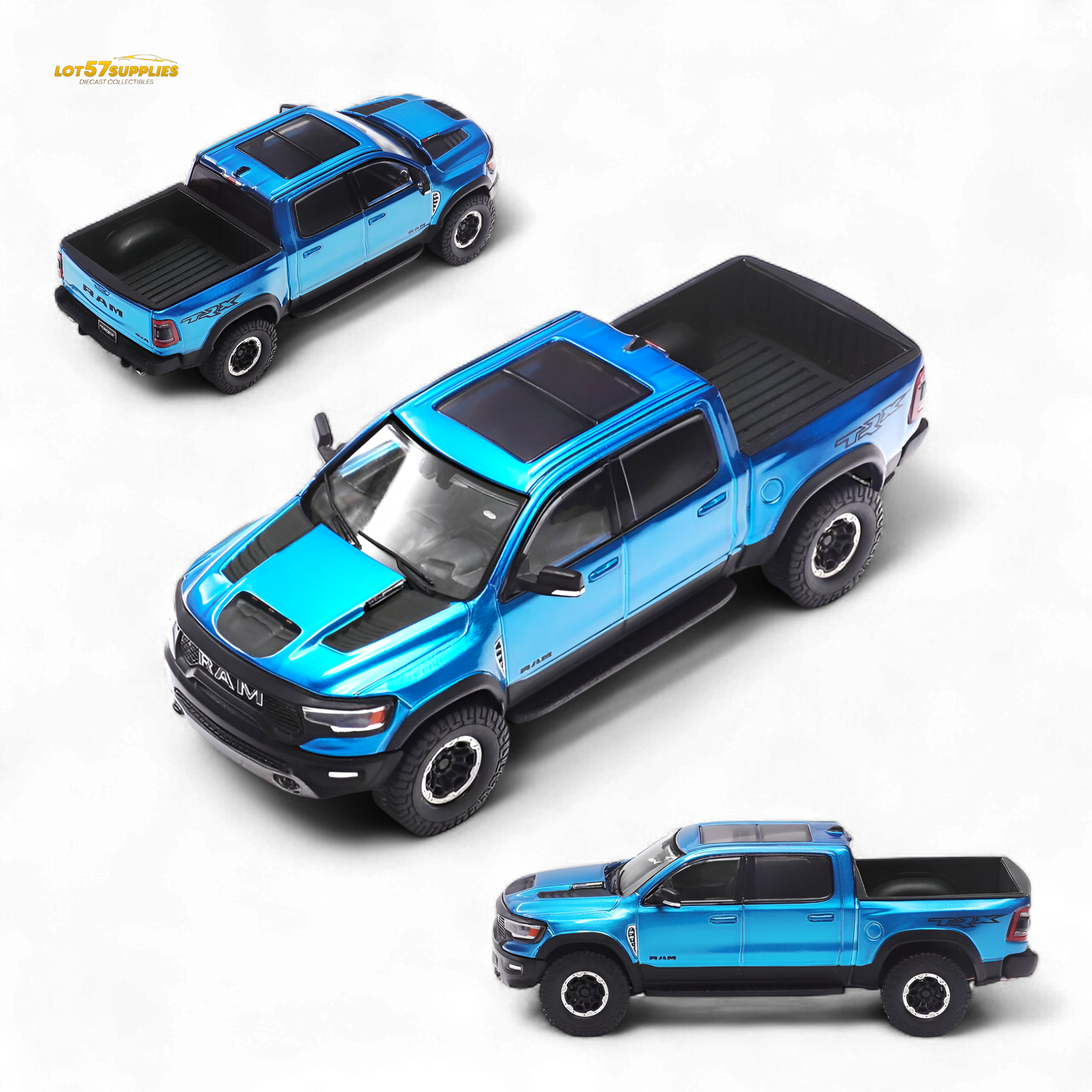 Blue Shadow Pro Tyrannosaurus Rex RAM diecast pickup truck in 1:64 scale, showcasing detailed design and vibrant color.