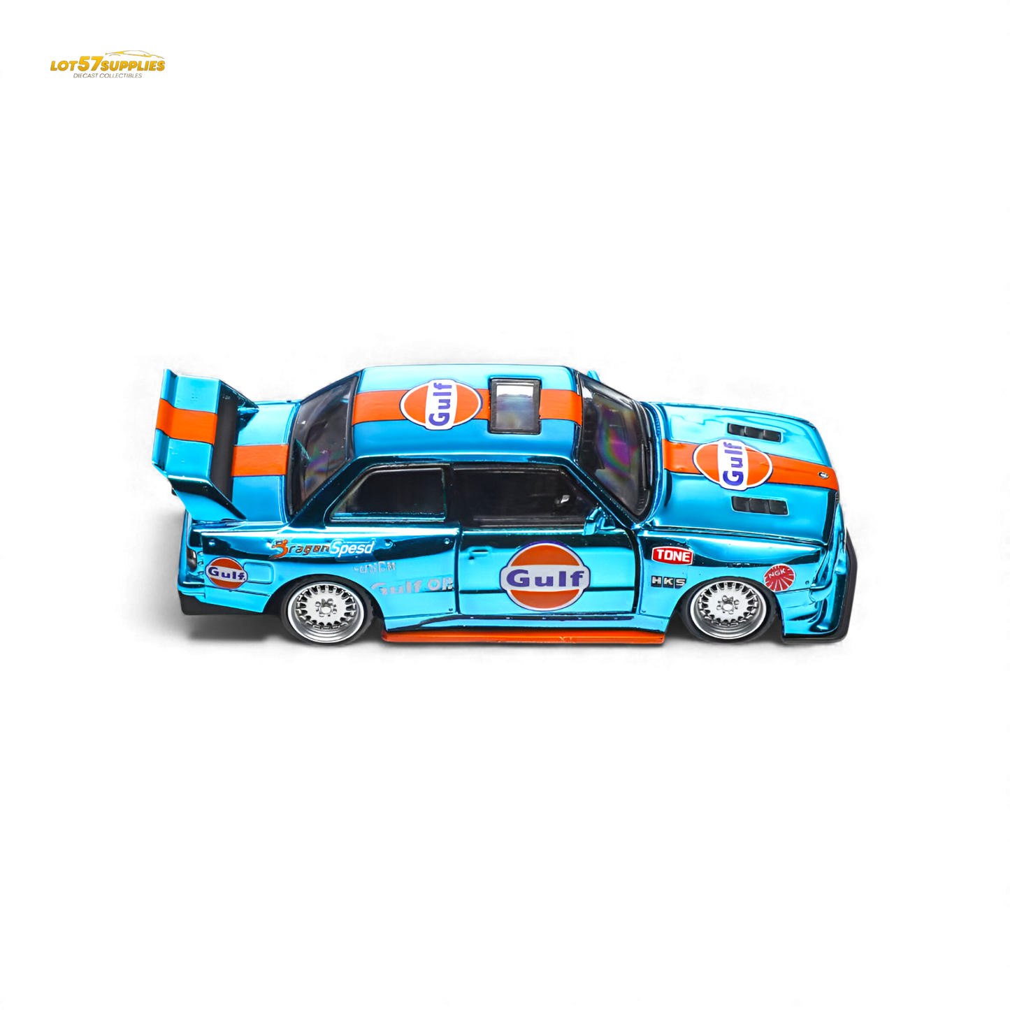 Diecast BMW E30 Demon King Auto model in Gulf livery, 1:64 scale by Lot57Supplies Diecast Shop, detailed miniature vehicle.