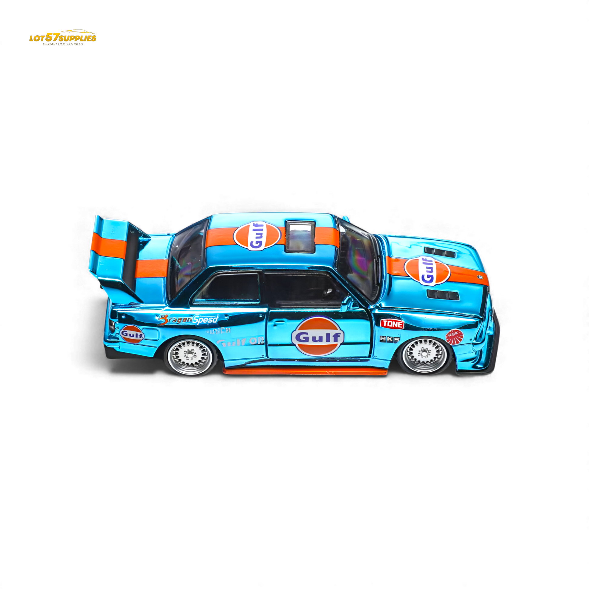 Diecast BMW E30 Demon King Auto model in Gulf livery, 1:64 scale by Lot57Supplies Diecast Shop, detailed miniature vehicle.