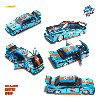 Diecast BMW E30 model of Demon King Auto Gulf racing car by Lot57Supplies, detailed 1:64 scale collectible.