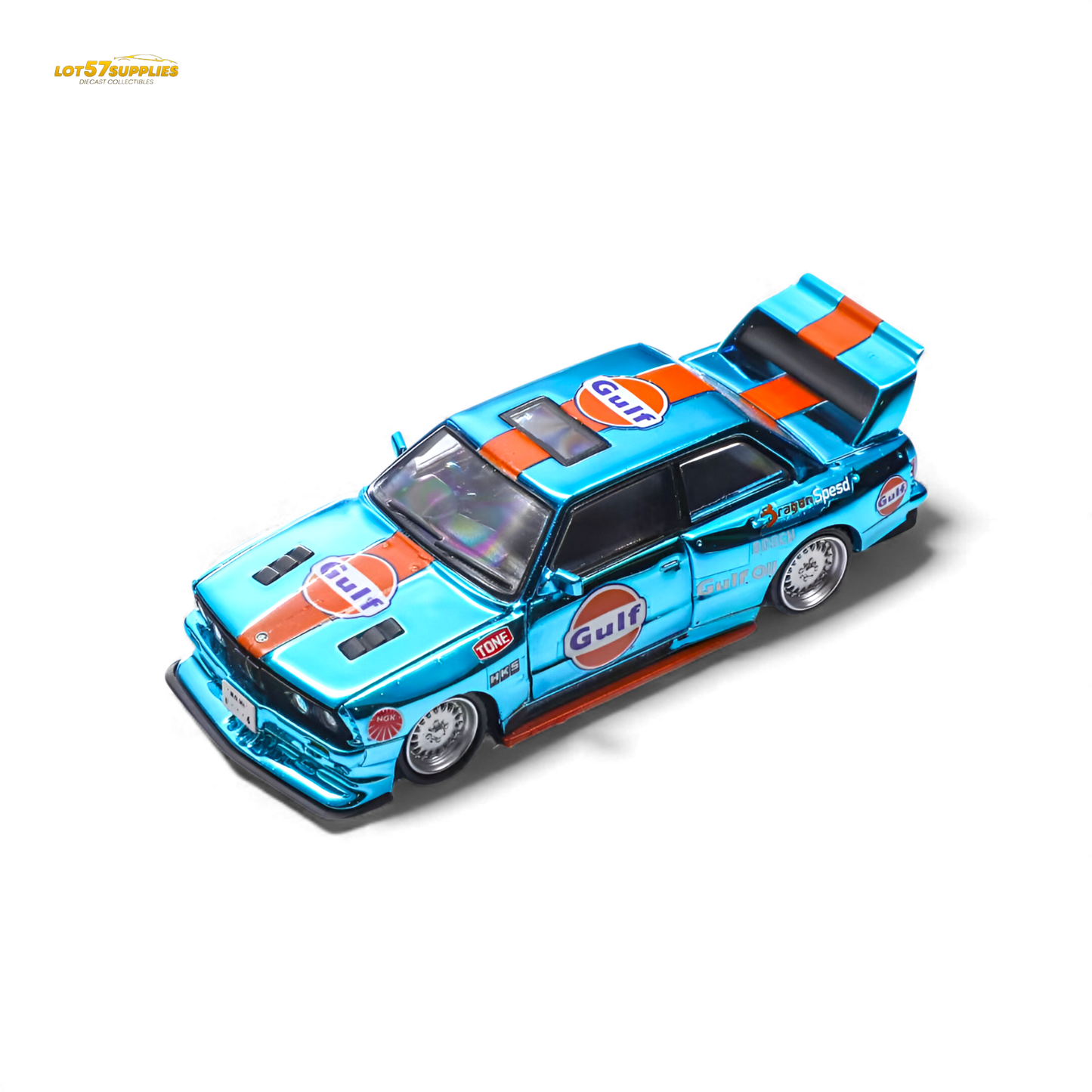 Diecast BMW E30 Demon King Auto model in Gulf livery, 1:64 scale from Lot57Supplies Diecast Shop.