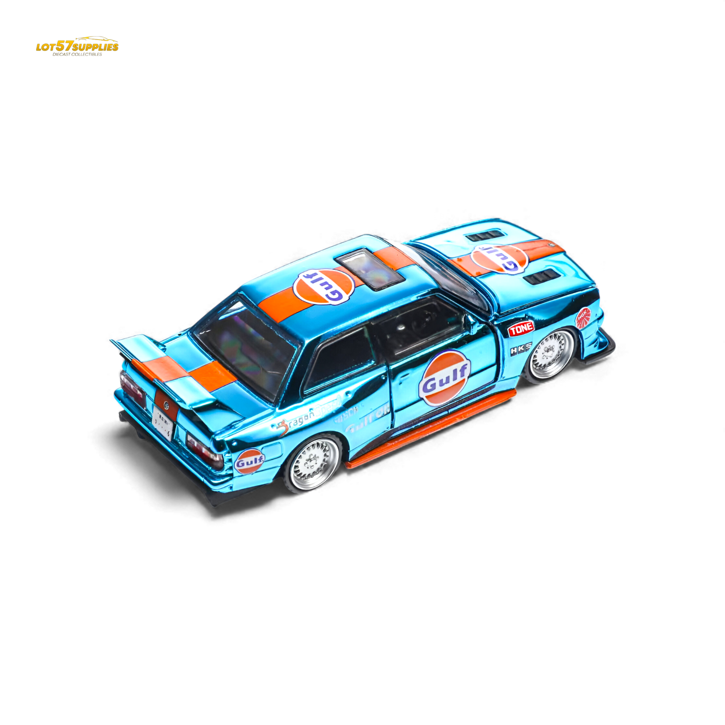 Diecast BMW E30 model car by Lot57Supplies Diecast Shop, featuring Demon King Auto Gulf livery in 1:64 scale.