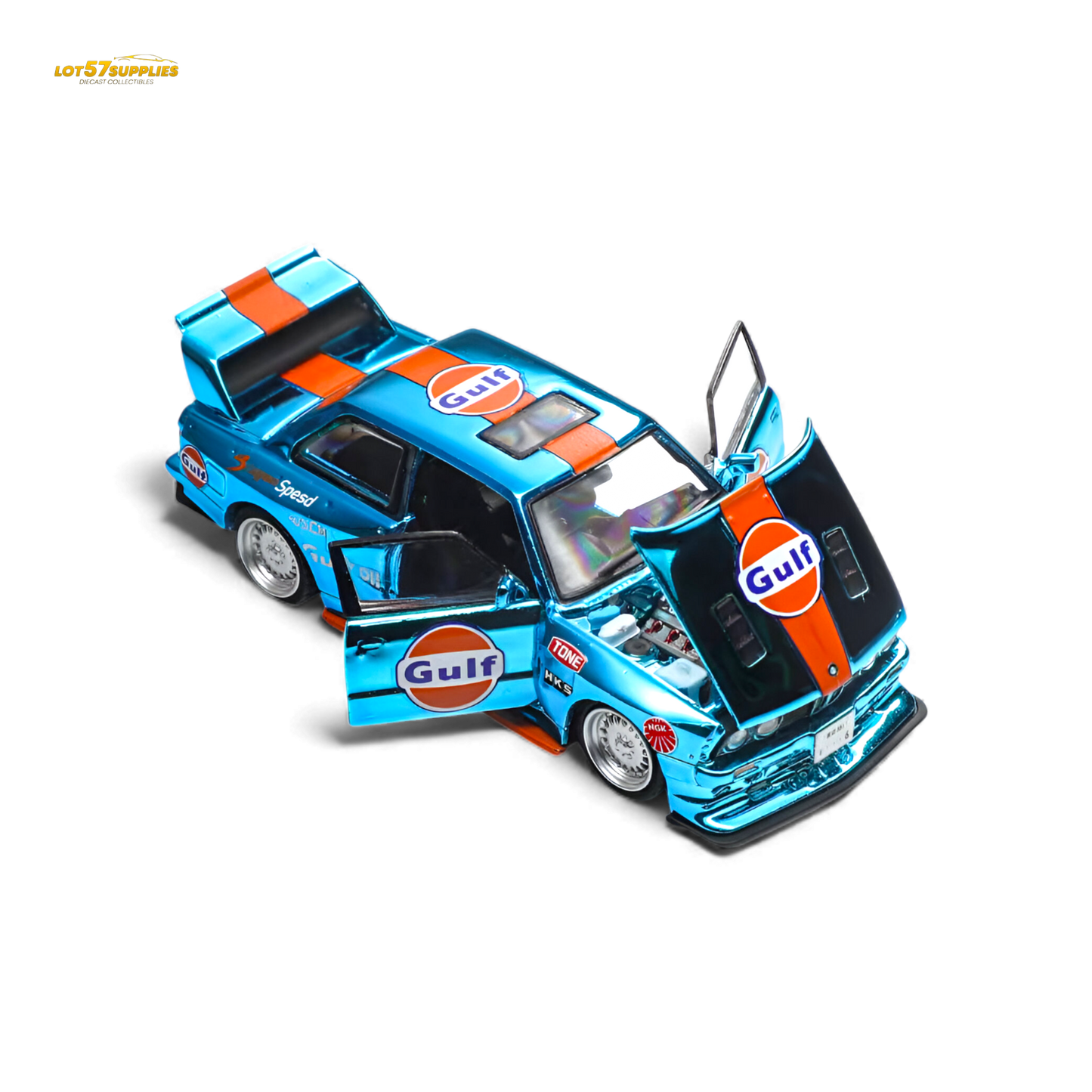 Diecast BMW E30 Demon King Auto model in Gulf livery, 1:64 scale by Lot57Supplies Diecast Shop, detailed and collectible.