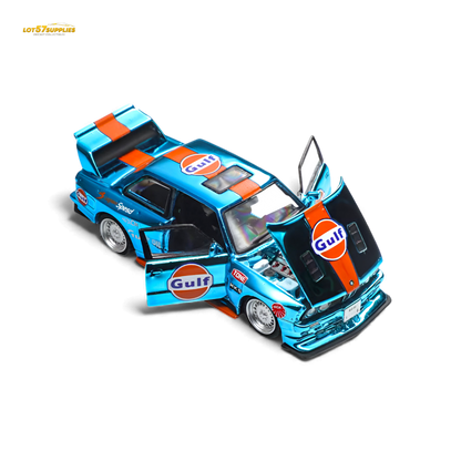 Diecast BMW E30 Demon King Auto model in Gulf livery, 1:64 scale by Lot57Supplies Diecast Shop, detailed and collectible.