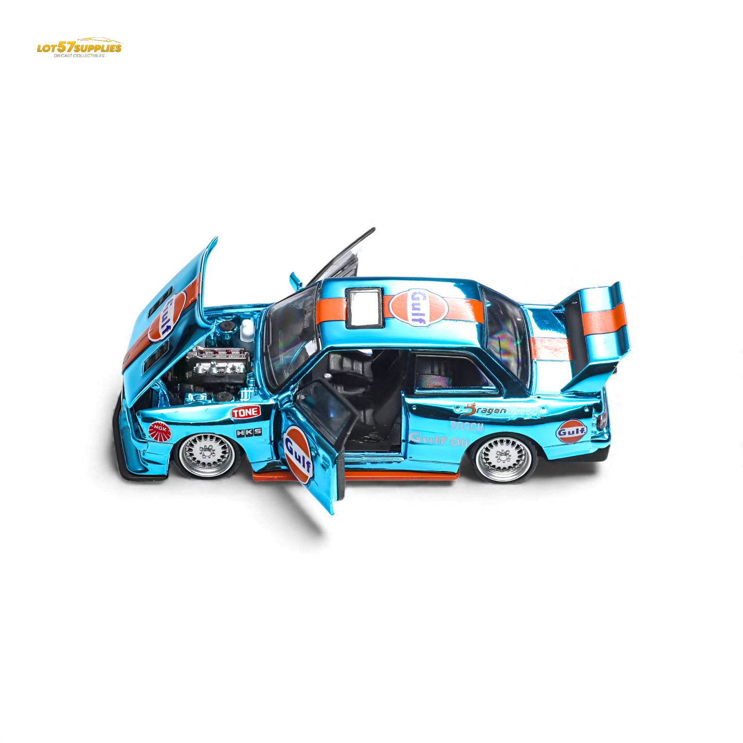 Diecast BMW E30 Demon King Auto model in Gulf racing livery, 1:64 scale from Lot57Supplies Diecast Shop, detailed miniature car.
