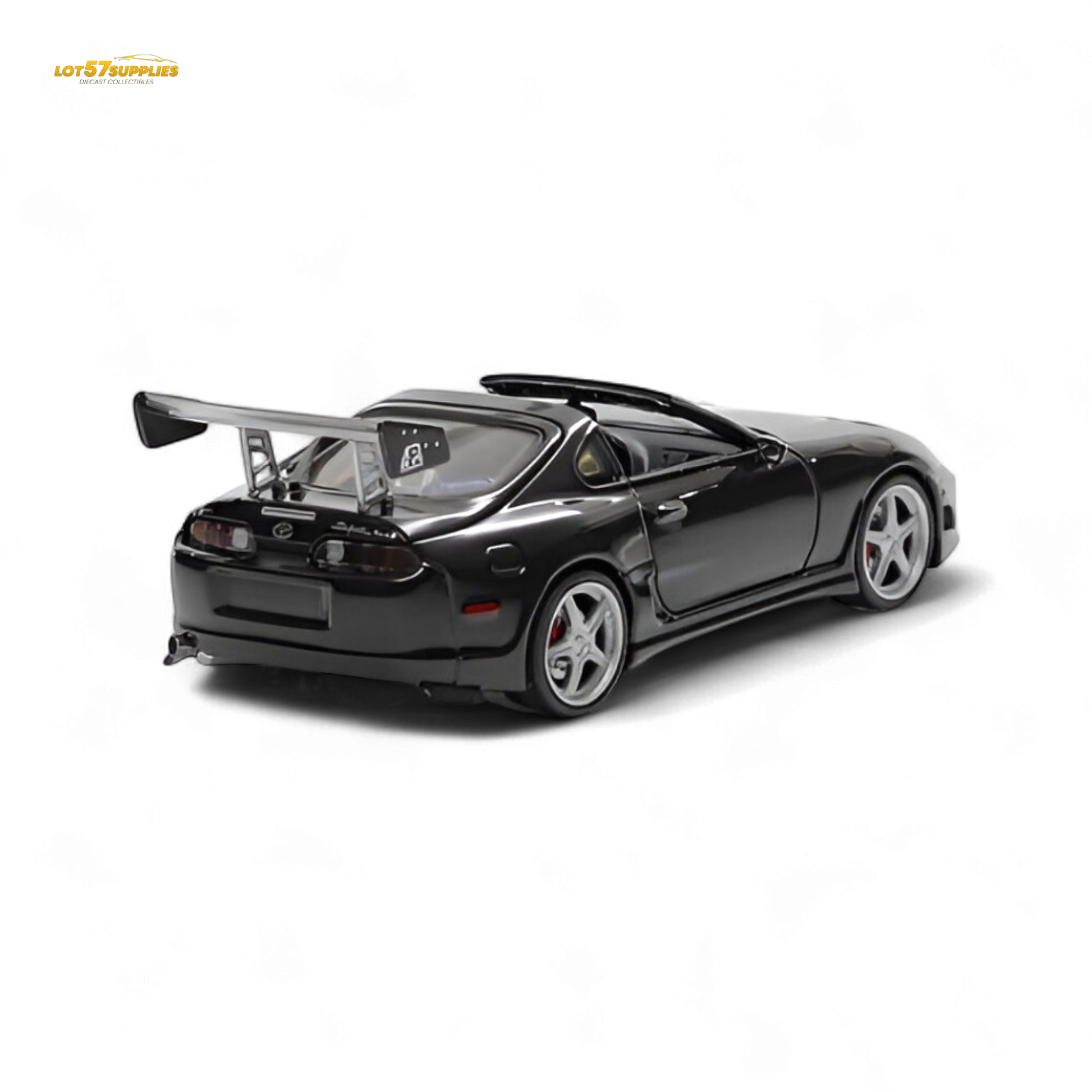Black Toyota Supra Targa diecast car in 1:64 scale, featuring fast speed design, from Lot57Supplies Diecast Shop.