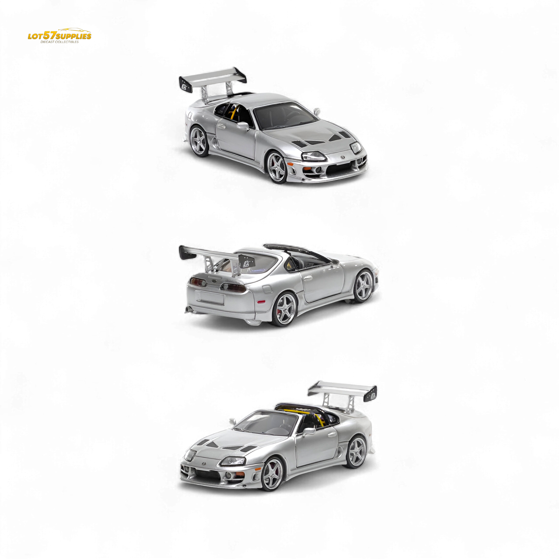 Silver 1:64 scale Toyota Supra Targa diecast car, fast speed model from Lot57Supplies Diecast Shop, detailed and realistic.