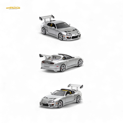 Silver 1:64 scale Toyota Supra Targa diecast car, fast speed model from Lot57Supplies Diecast Shop, detailed and realistic.