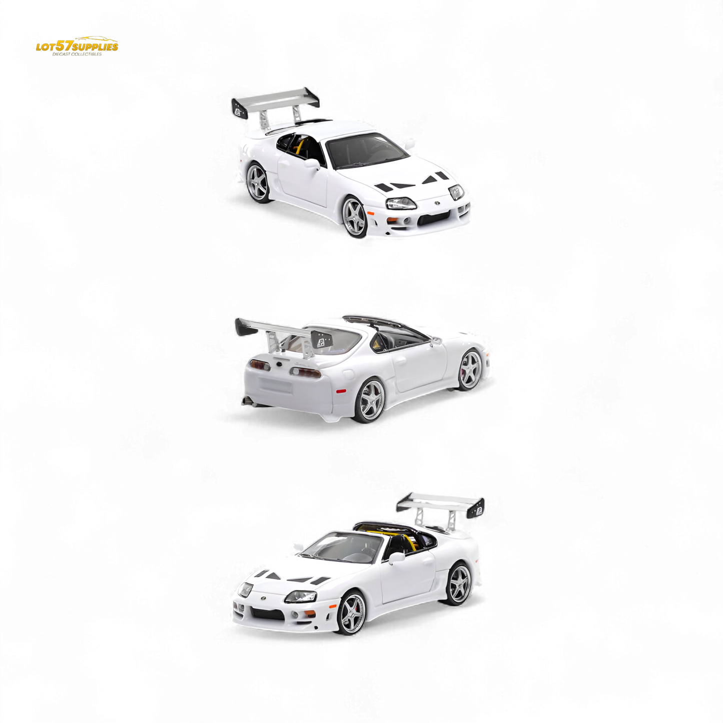 White Toyota Supra Targa diecast car in 1:64 scale, featuring fast speed design, from Lot57Supplies Diecast Shop.