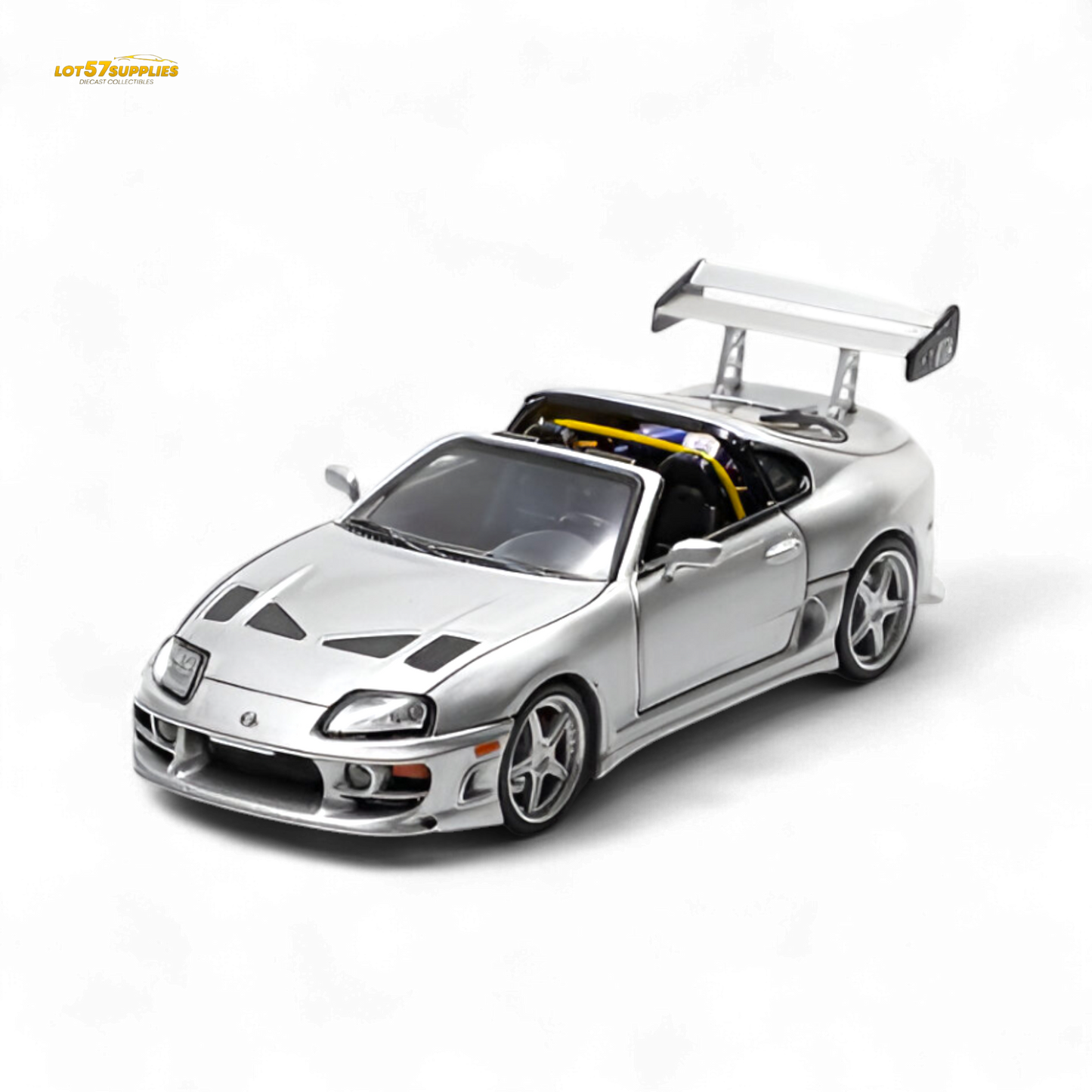 Silver 1:64 scale Toyota Supra Targa diecast car, fast speed model by Lot57Supplies, detailed collectible vehicle.