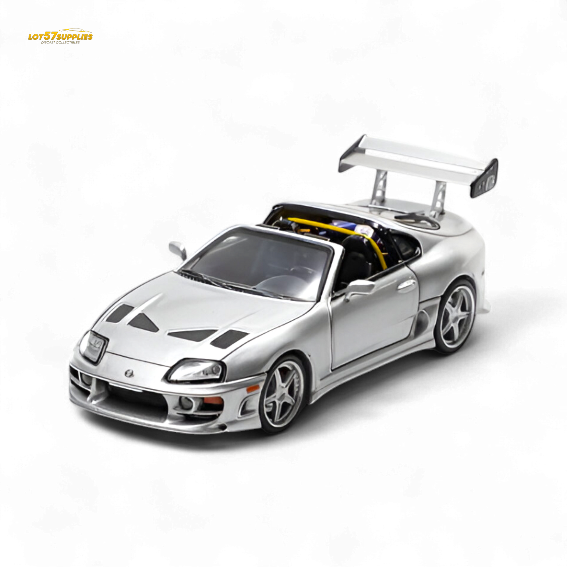 Silver 1:64 scale Toyota Supra Targa diecast car, fast speed model by Lot57Supplies, detailed collectible vehicle.
