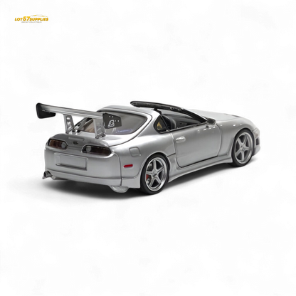 Silver 1:64 scale Toyota Supra Targa diecast car, fast speed model from Lot57Supplies Diecast Shop, shown from side view.