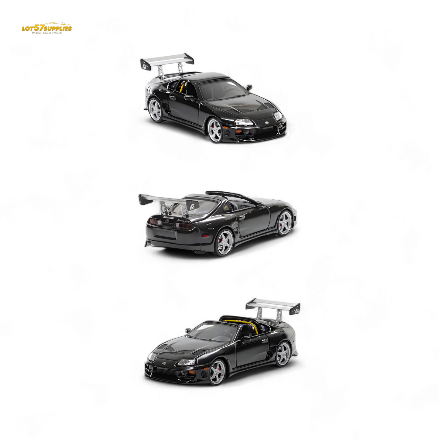 Black Toyota Supra Targa diecast car in 1:64 scale, fast speed model by Lot57Supplies Diecast Shop.