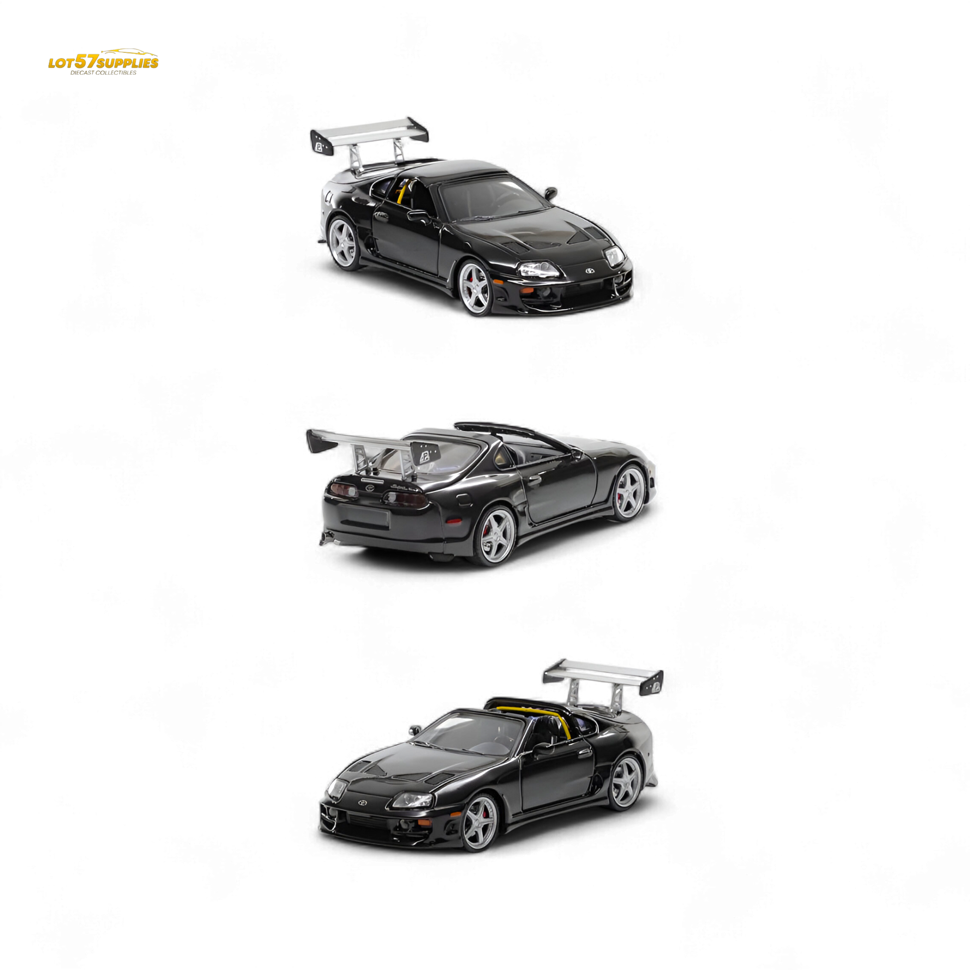 Black Toyota Supra Targa diecast car in 1:64 scale, fast speed model by Lot57Supplies Diecast Shop.
