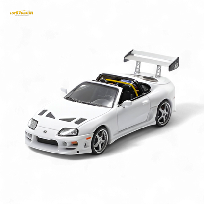 White Toyota Supra Targa diecast model in 1:64 scale, showcasing detailed design and fast speed features.