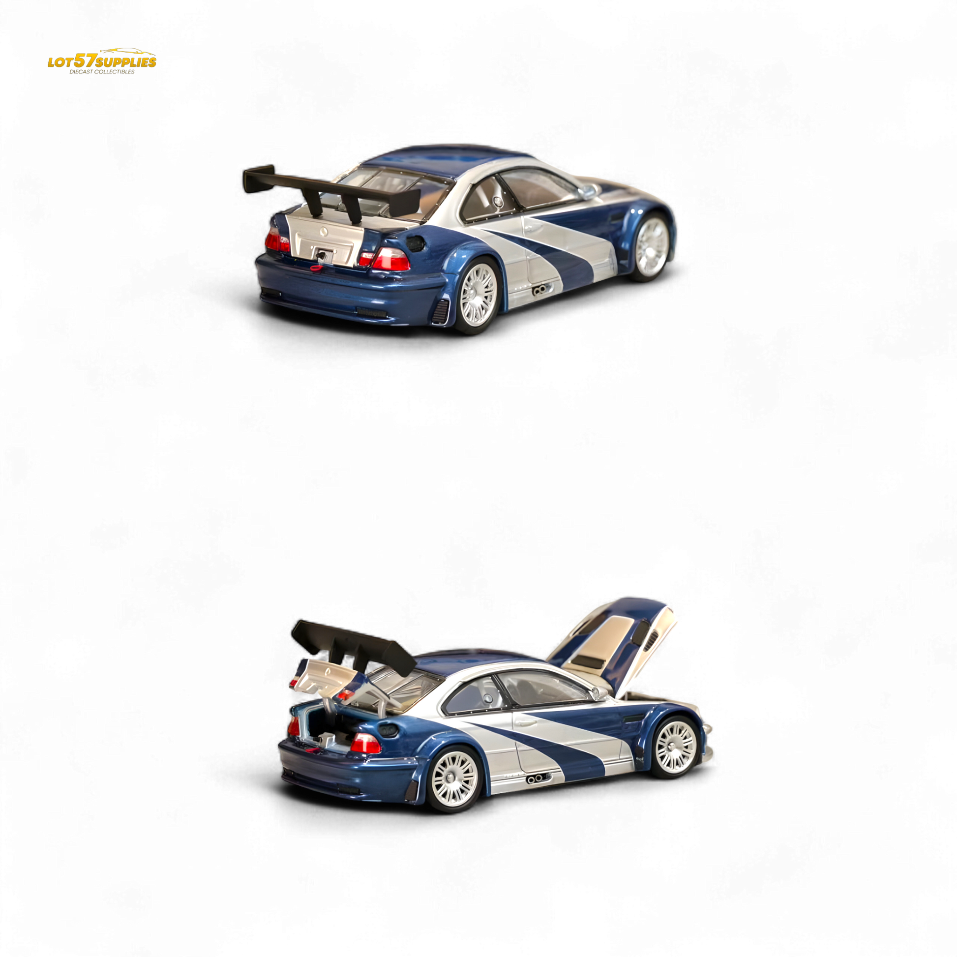 Silver blue BMW E46 M3 GTR diecast model in 1:64 scale by Lot57Supplies, detailed remote control car, pre-order available.