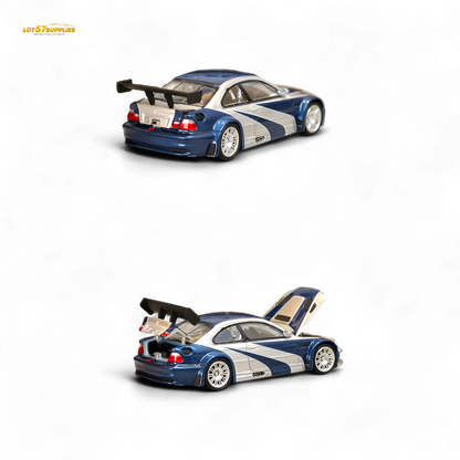 Silver blue BMW E46 M3 GTR diecast model in 1:64 scale by Lot57Supplies, detailed remote control car, pre-order available.