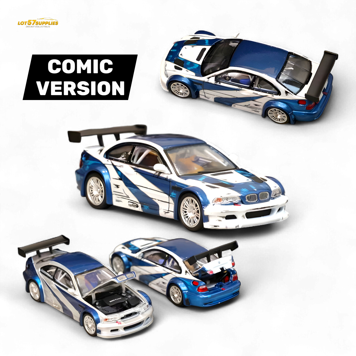 White and blue BMW E46 M3 GTR diecast model with NFS comic livery, detailed miniature car, 1:64 scale, by Lot57Supplies Diecast Shop