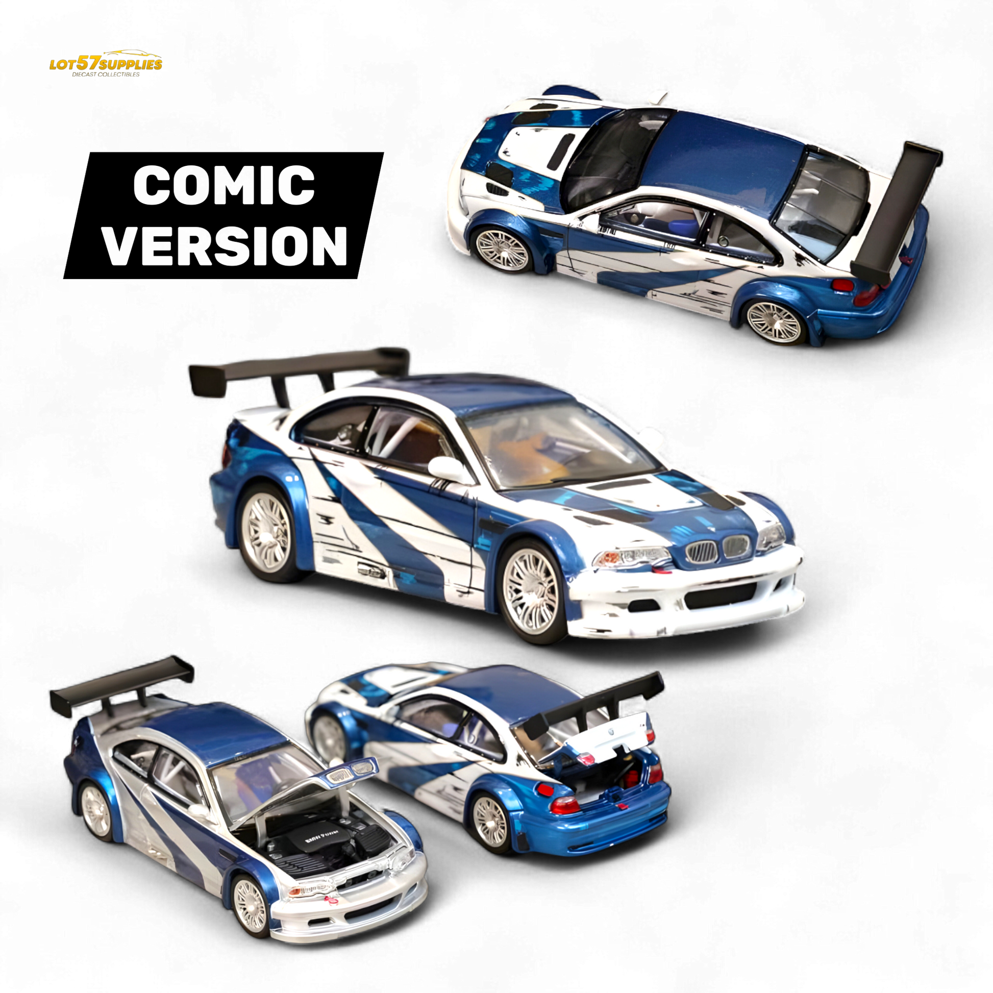 White and blue BMW E46 M3 GTR diecast model with NFS comic livery, detailed miniature car, 1:64 scale, by Lot57Supplies Diecast Shop