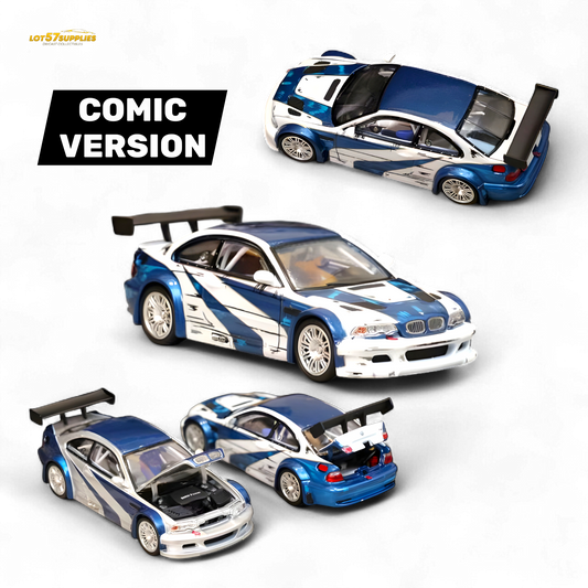 White and blue BMW E46 M3 GTR diecast model with NFS comic livery, detailed miniature car, 1:64 scale, by Lot57Supplies Diecast Shop