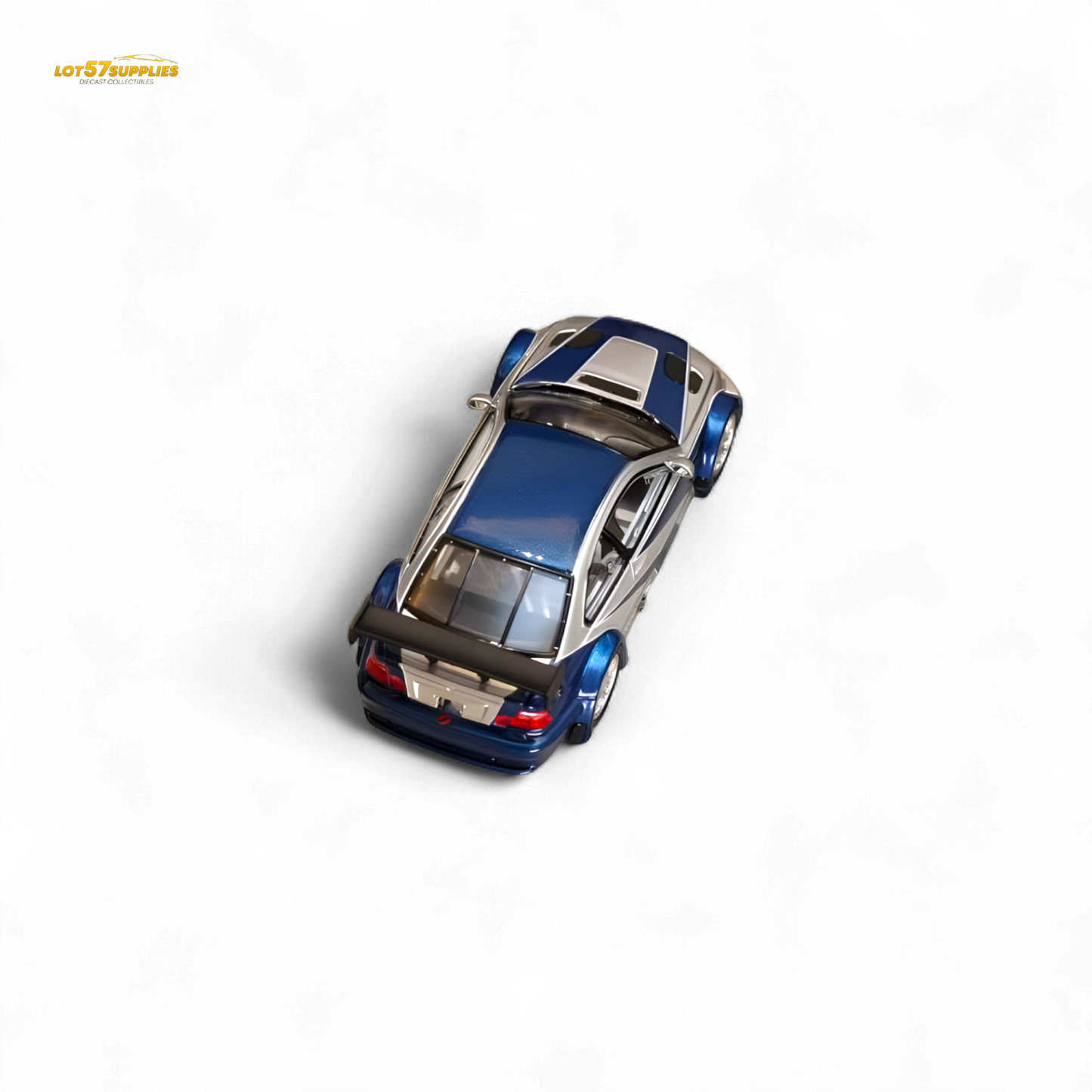 Silver blue BMW E46 M3 GTR diecast model in 1:64 scale by Lot57Supplies Diecast Shop, detailed collectible car.