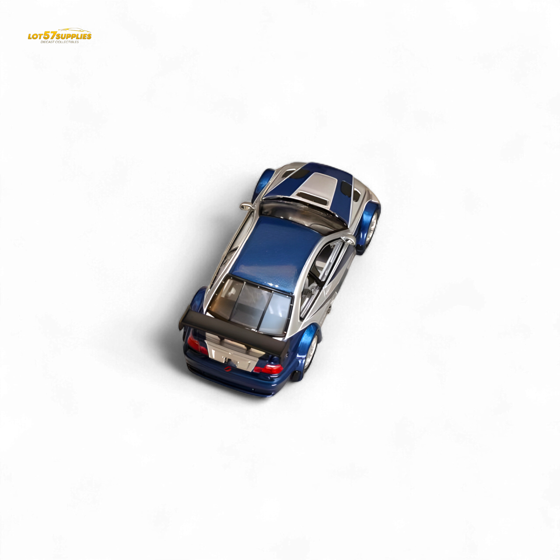 Silver blue BMW E46 M3 GTR diecast model in 1:64 scale by Lot57Supplies Diecast Shop, detailed collectible car.