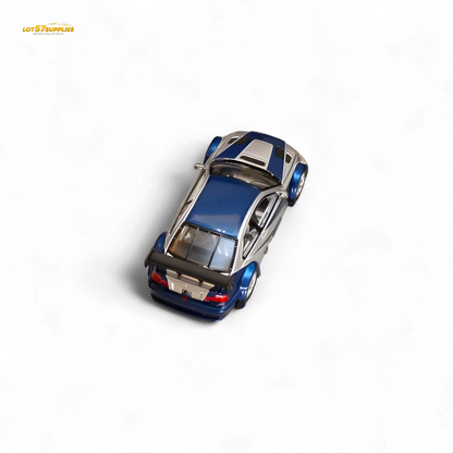 Silver blue BMW E46 M3 GTR diecast model in 1:64 scale by Lot57Supplies Diecast Shop, detailed collectible car.