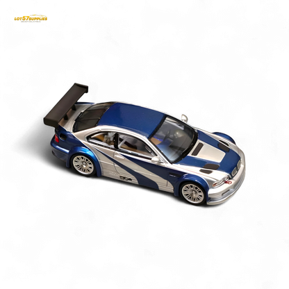 Silver-blue BMW E46 M3 GTR diecast model car in 1:64 scale by Lot57Supplies, detailed miniature replica on a plain background.