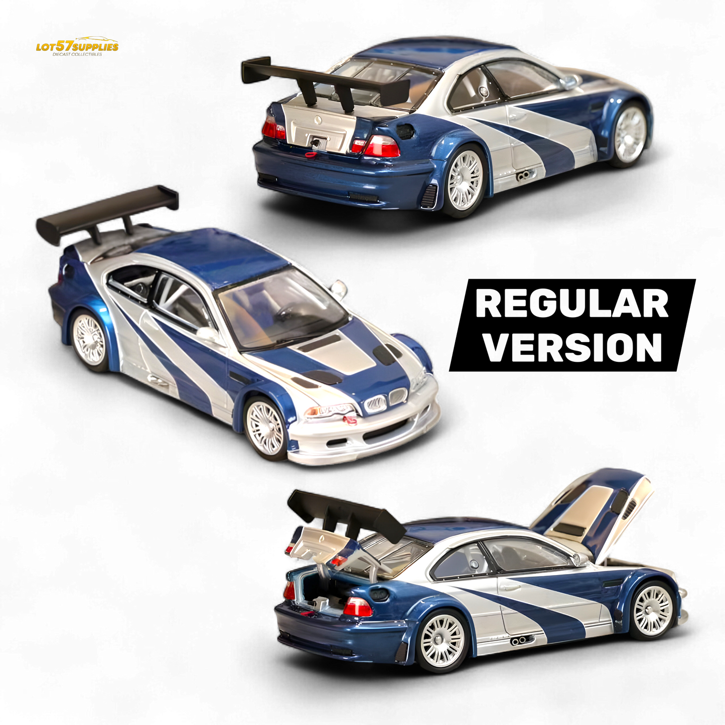 Silver-blue BMW E46 M3 GTR diecast model car in 1:64 scale, featuring detailed design from Lot57Supplies Diecast Shop.