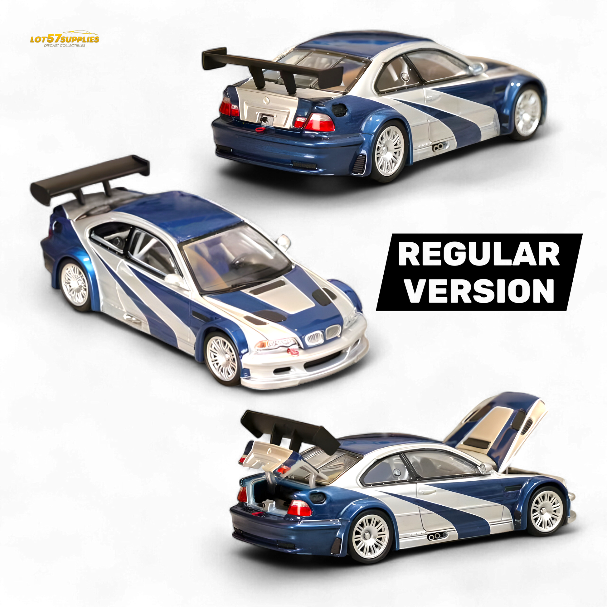 Silver-blue BMW E46 M3 GTR diecast model car in 1:64 scale, featuring detailed design from Lot57Supplies Diecast Shop.